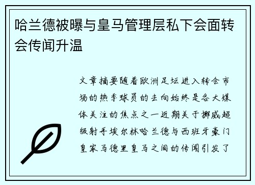 哈兰德被曝与皇马管理层私下会面转会传闻升温